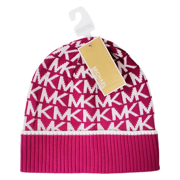 NWT MICHAEL KORS AUTHENTIC ALLOVER LOGO WOMEN\'S PINK WINTER BEANIE HAT